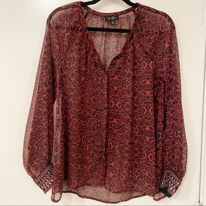 Jessica Simpson Red & Black Sheer Tunic Blouse with Beaded Cuffs Size Small